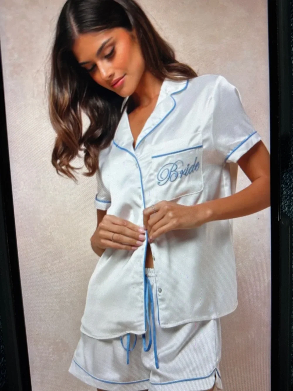 Lulus™️ | Bride Satin Short Sleeve Pajama Set in White with Blue Trim | Size XL